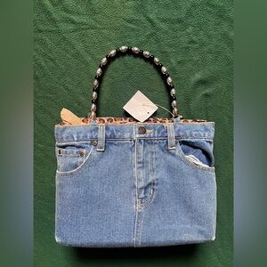 Denim Tote Bag with Beaded Handles